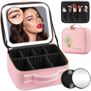 Personalized Travel Makeup Bags for Girlfriend Women Wife and Mom, Customized Makeup Bag with Name, Brith Flowers, Makeup Case with LED Mirror, Magnifying Mirror, Dividers & Brush Holder