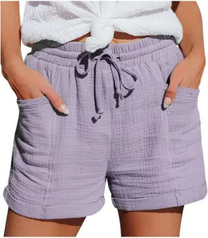 Photno Womens Linen Shorts 2025 Lounge Beach Trouser Summer Vacation Drawstring Elastic Waist Straight Leg Bottom with Pocket