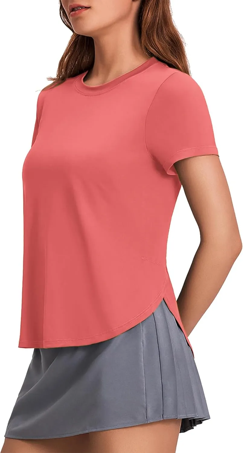 PINSPARK Workout Tops for Women UPF 50  Yoga Shirts Short Sleeve Athletic Tops with Side Slits Running Gym Tee Top Loose Fit
