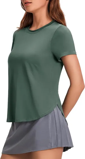 PINSPARK Workout Tops for Women UPF 50  Yoga Shirts Short Sleeve Athletic Tops with Side Slits Running Gym Tee Top Loose Fit