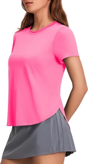 PINSPARK Workout Tops for Women UPF 50  Yoga Shirts Short Sleeve Athletic Tops with Side Slits Running Gym Tee Top Loose Fit