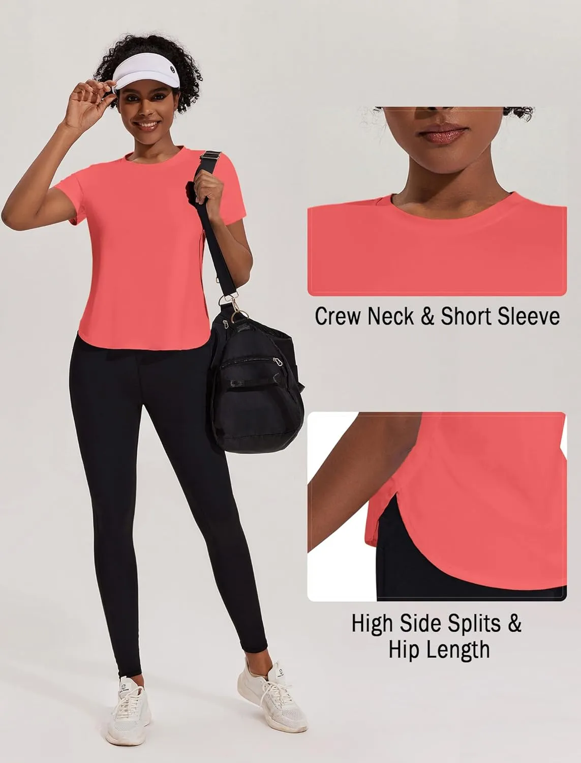 PINSPARK Workout Tops for Women UPF 50  Yoga Shirts Short Sleeve Athletic Tops with Side Slits Running Gym Tee Top Loose Fit