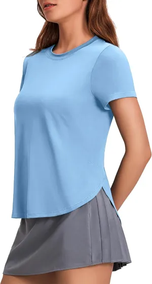 PINSPARK Workout Tops for Women UPF 50  Yoga Shirts Short Sleeve Athletic Tops with Side Slits Running Gym Tee Top Loose Fit