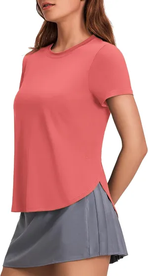 PINSPARK Workout Tops for Women UPF 50  Yoga Shirts Short Sleeve Athletic Tops with Side Slits Running Gym Tee Top Loose Fit