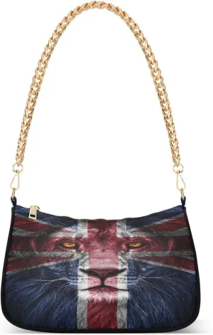 Portrait Of Lion on Uk Flag Shoulder Handbags for Women Travel Hobo Tote Handbag Women Gold Chain Shoulder Bags Purse with Zipper Closure