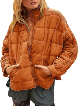 Quilted Puffer Jacket Women Lightweight Short Zip Up Padded Coat with Pockets