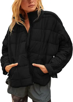 Quilted Puffer Jacket Women Lightweight Short Zip Up Padded Coat with Pockets