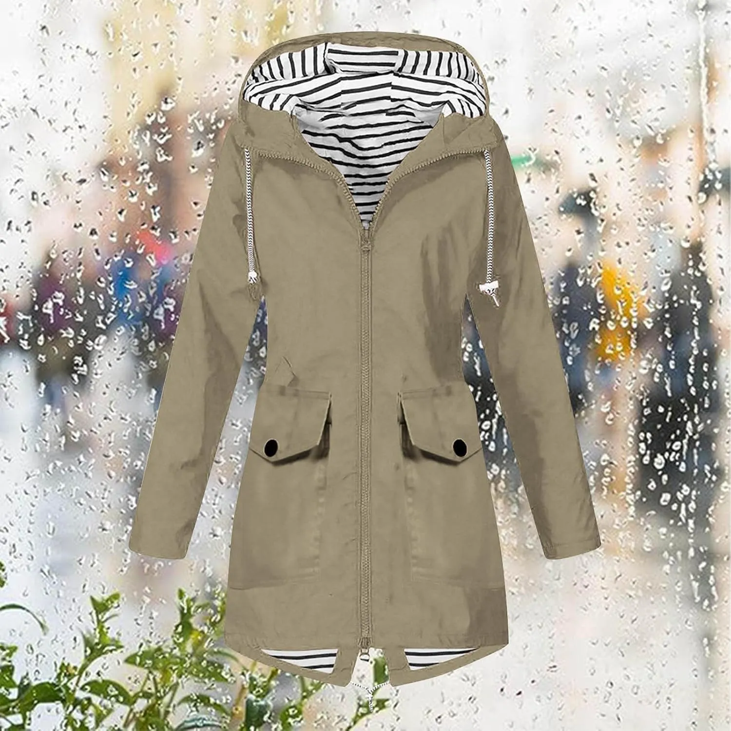 Rain Coats for Women Lightweight Waterproof Jacket Hiking Raincoat Striped Lined Trench Coat with Pockets
