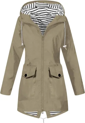 Rain Coats for Women Lightweight Waterproof Jacket Hiking Raincoat Striped Lined Trench Coat with Pockets