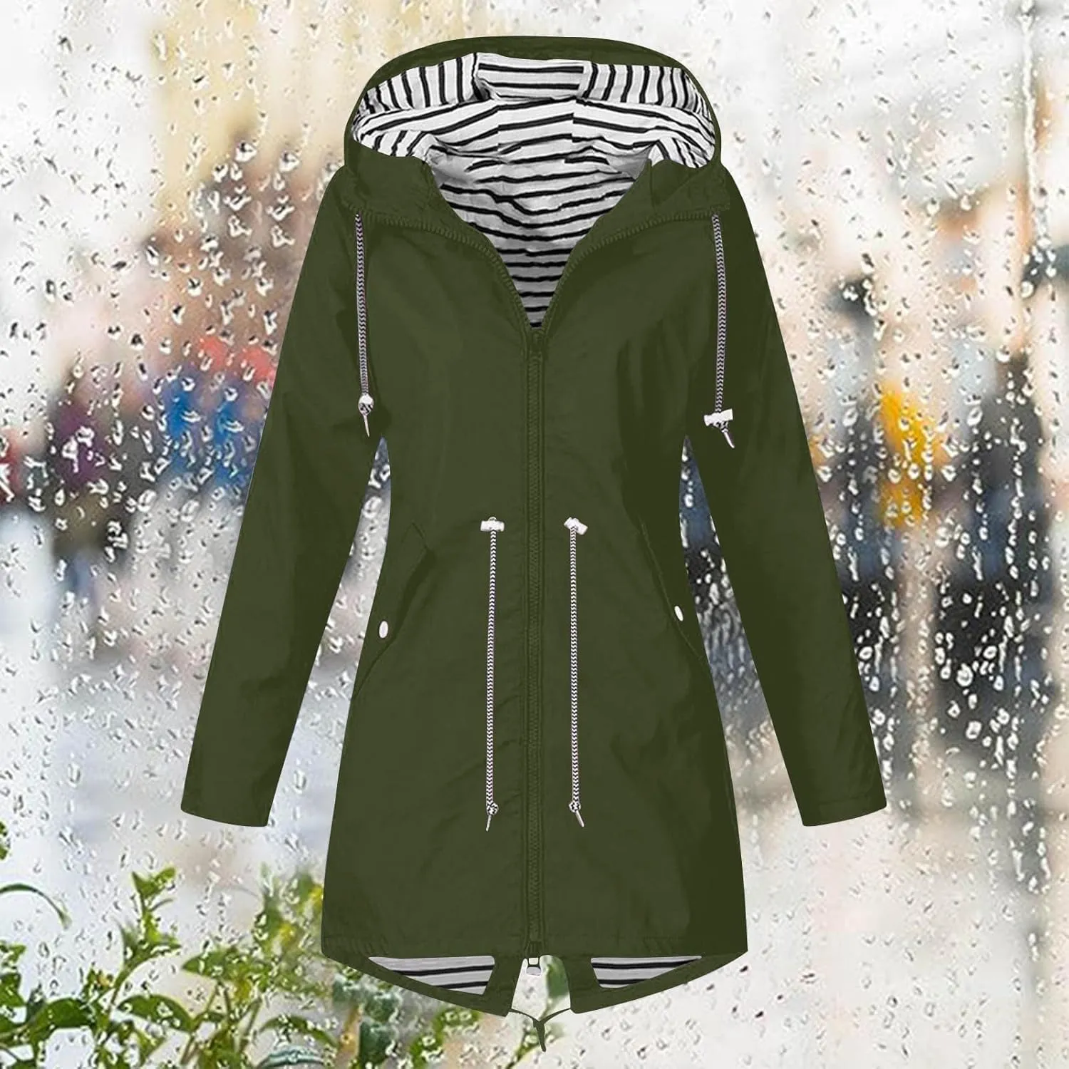 Rain Coats for Women Waterproof Hiking Rain Jacket Lightweight Long Sleeve Striped Hooded Trench Coat 2024, Black