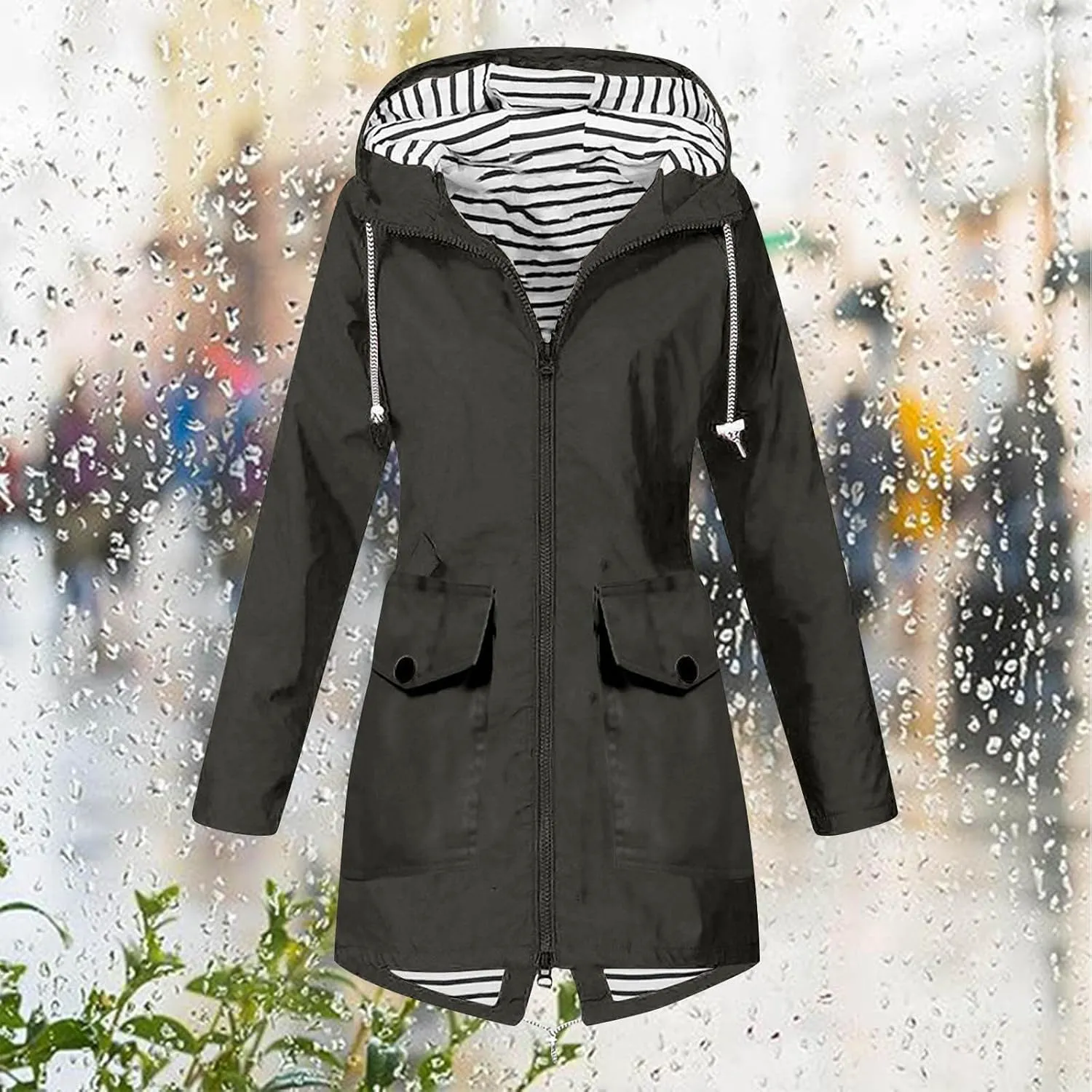Rain Coats for Women Waterproof Hiking Rain Jacket Lightweight Long Sleeve Striped Hooded Trench Coat 2024, Black