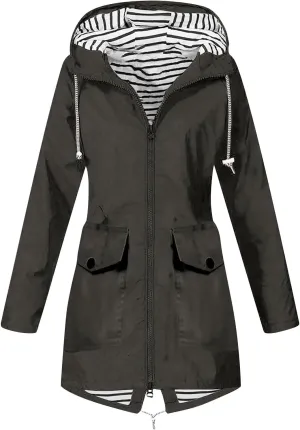 Rain Coats for Women Waterproof Hiking Rain Jacket Lightweight Long Sleeve Striped Hooded Trench Coat 2024, Black