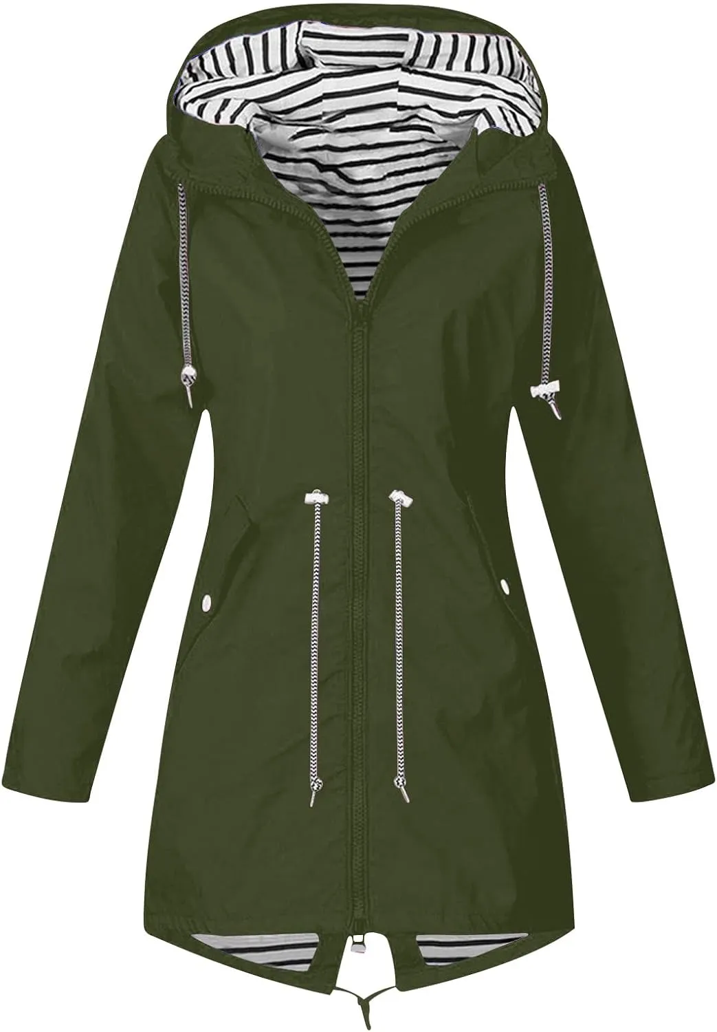 Rain Coats for Women Waterproof Hiking Rain Jacket Lightweight Long Sleeve Striped Hooded Trench Coat 2024, Black