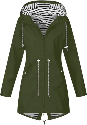 Rain Coats for Women Waterproof Hiking Rain Jacket Lightweight Long Sleeve Striped Hooded Trench Coat 2024, Black