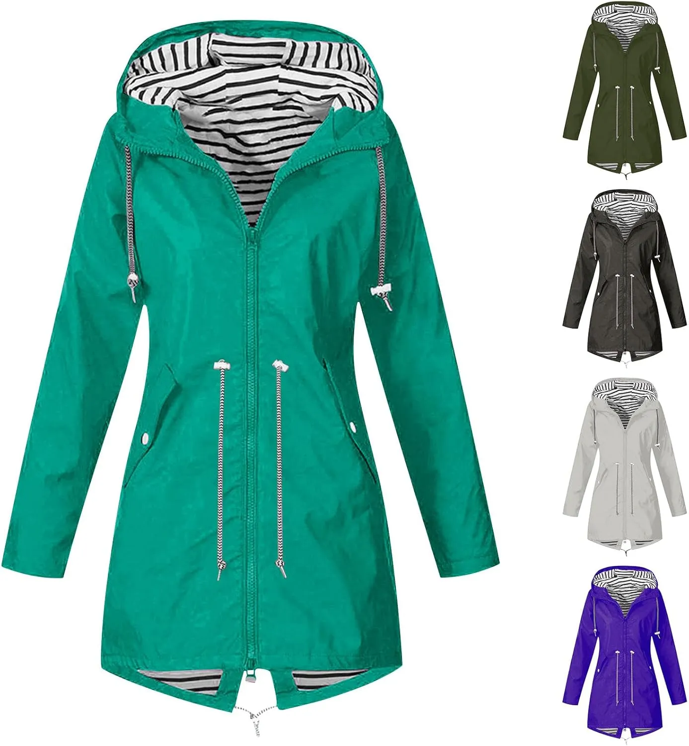 Rain Coats for Women Waterproof Hiking Rain Jacket Lightweight Long Sleeve Striped Hooded Trench Coat 2024, Black