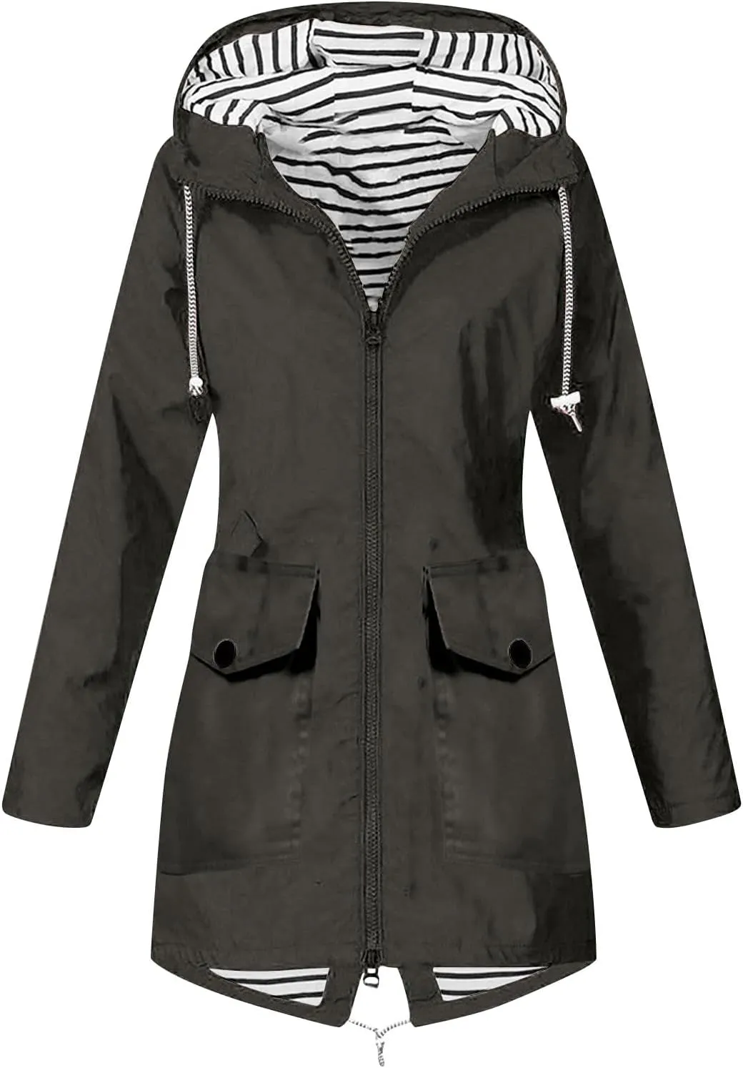 Rain Coats for Women Waterproof Hiking Rain Jacket Lightweight Long Sleeve Striped Hooded Trench Coat 2024, Black