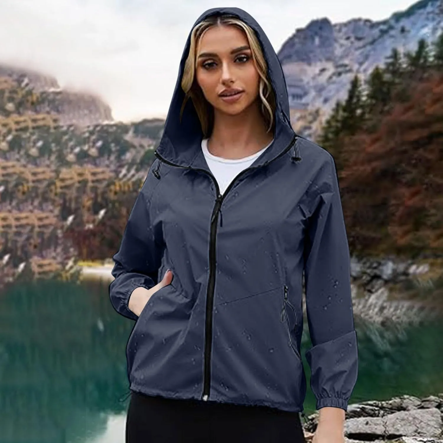 Rain Jacket Women Waterproof Lightweight Jacket with Hood Packable Rain Jacket Plus Size Rain Jackets with Pocket