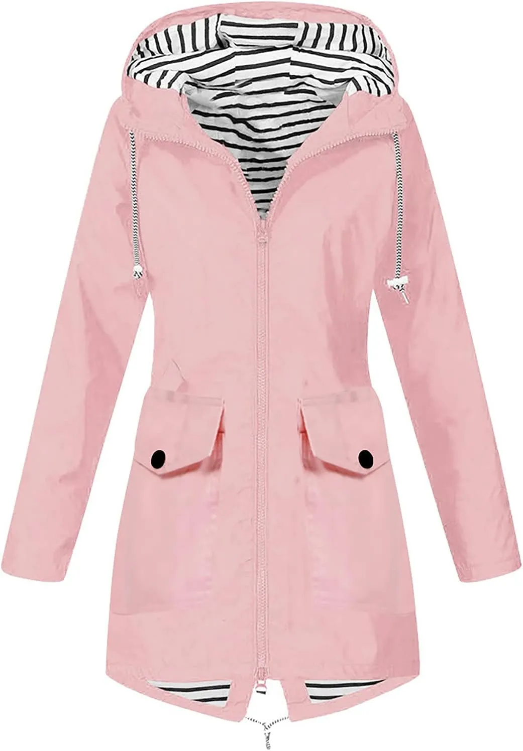 Rain Jacket Women Waterproof Long Hooded Rain Coats Striped Lined Trench Coats Hiking Travel Windbreaker 2024