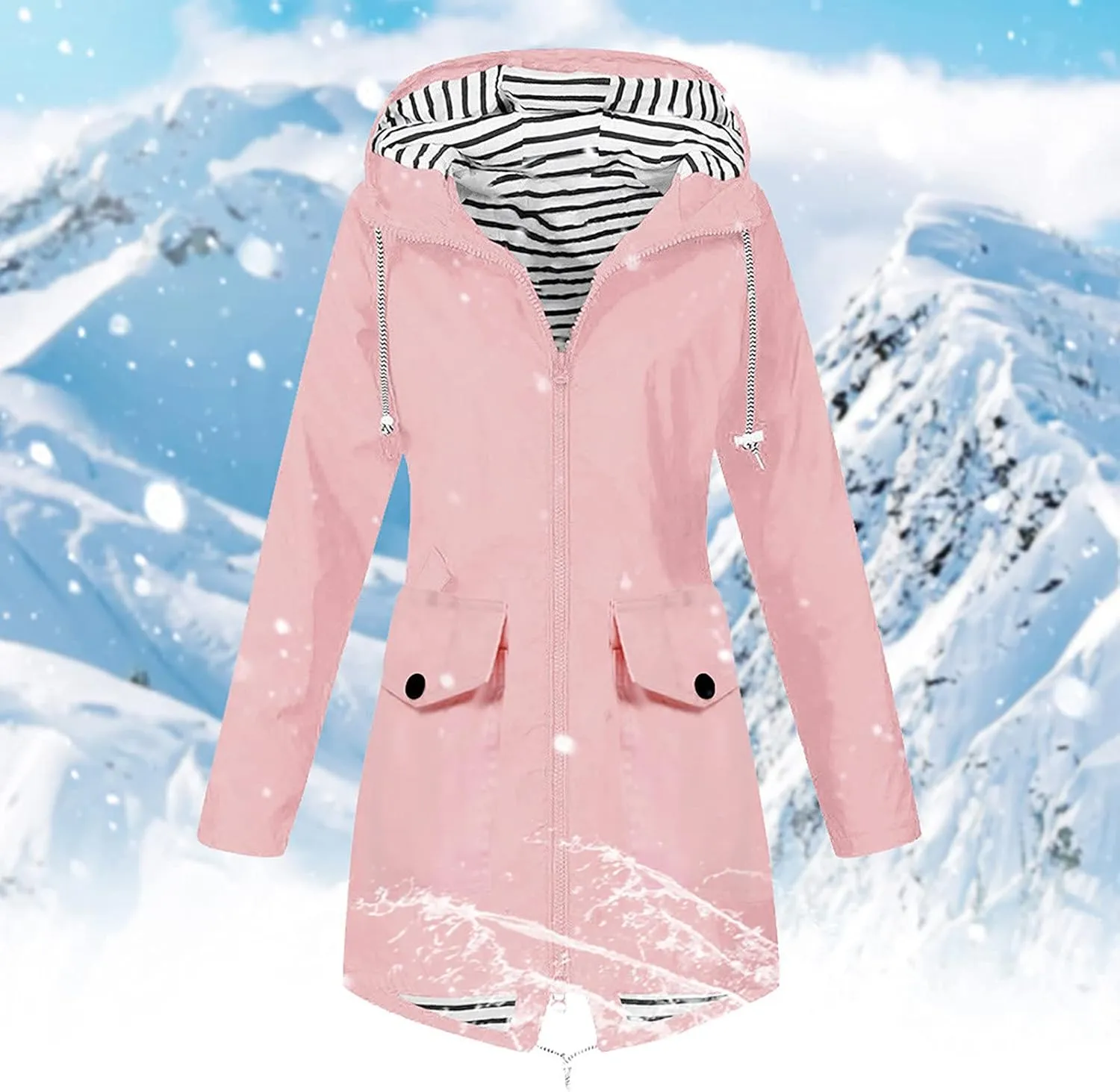 Rain Jacket Women Waterproof Long Hooded Rain Coats Striped Lined Trench Coats Hiking Travel Windbreaker 2024