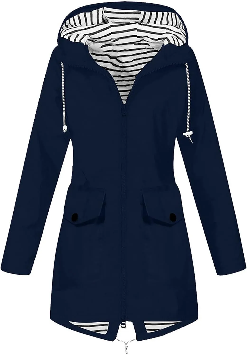 Rain Jacket Women Waterproof Long Hooded Rain Coats Striped Lined Trench Coats Hiking Travel Windbreaker 2024