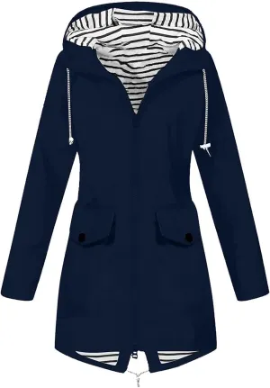 Rain Jacket Women Waterproof Long Hooded Rain Coats Striped Lined Trench Coats Hiking Travel Windbreaker 2024