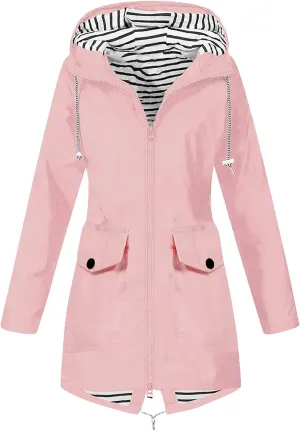 Rain Jacket Women Waterproof Long Hooded Rain Coats Striped Lined Trench Coats Hiking Travel Windbreaker 2024