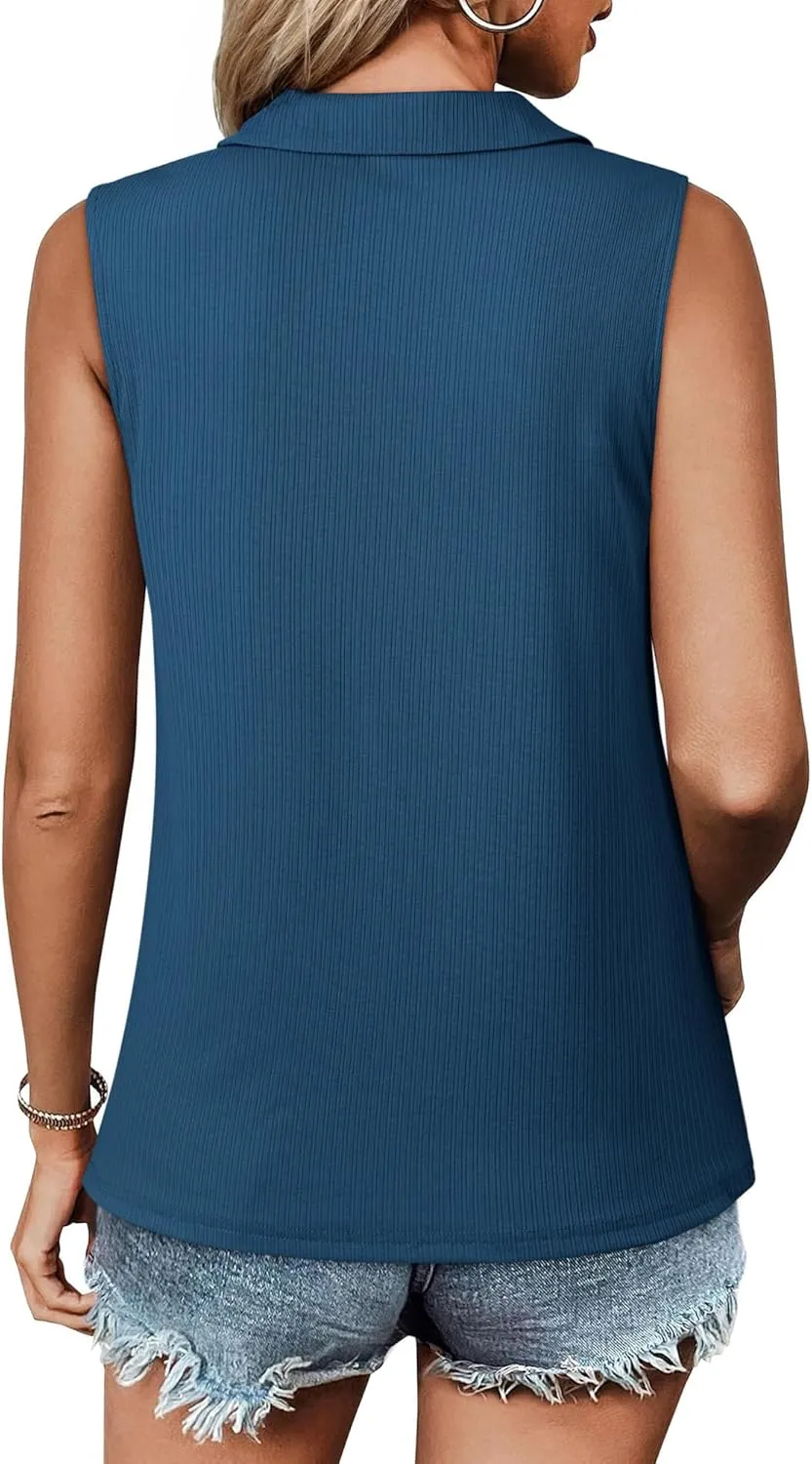 Ribbed Tank Tops for Women Zipper V Neck Dressy Casual Blouses Sleeveless Camisole Top Business Work Polo Shirts