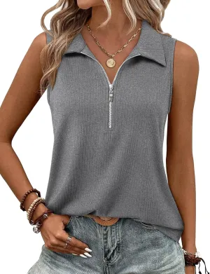 Ribbed Tank Tops for Women Zipper V Neck Dressy Casual Blouses Sleeveless Camisole Top Business Work Polo Shirts