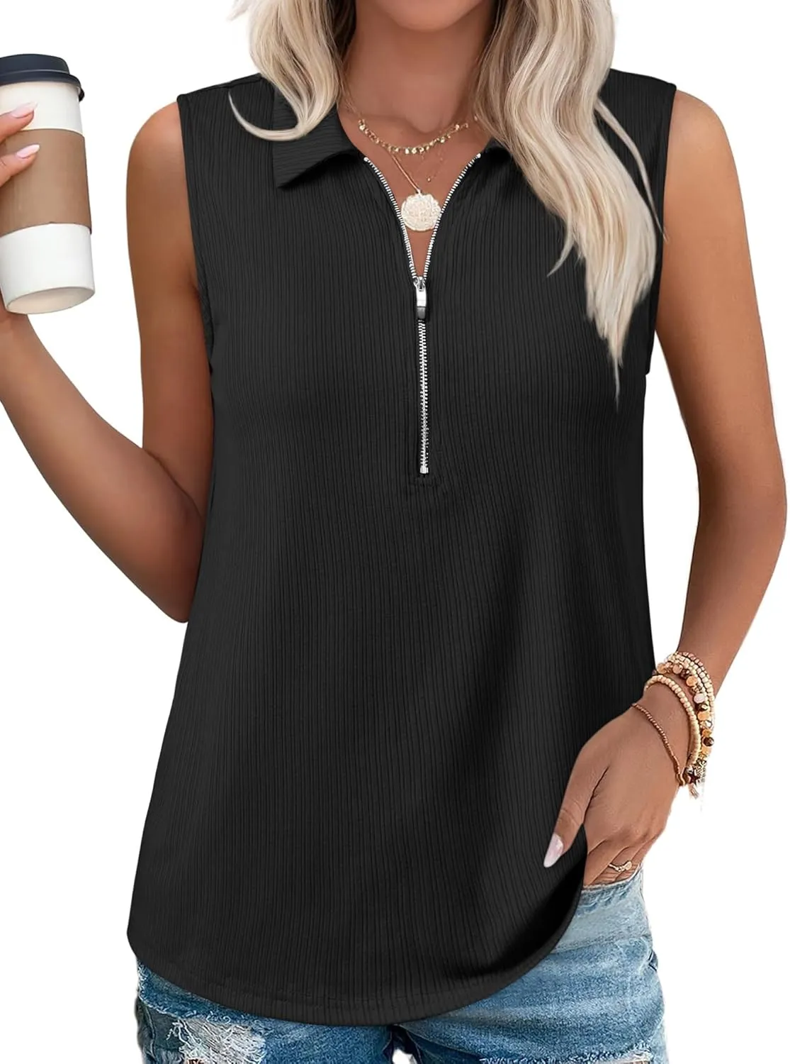 Ribbed Tank Tops for Women Zipper V Neck Dressy Casual Blouses Sleeveless Camisole Top Business Work Polo Shirts