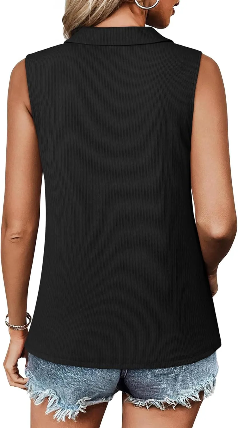 Ribbed Tank Tops for Women Zipper V Neck Dressy Casual Blouses Sleeveless Camisole Top Business Work Polo Shirts