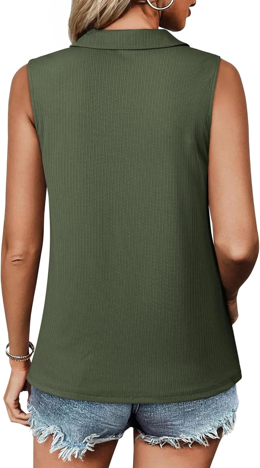 Ribbed Tank Tops for Women Zipper V Neck Dressy Casual Blouses Sleeveless Camisole Top Business Work Polo Shirts