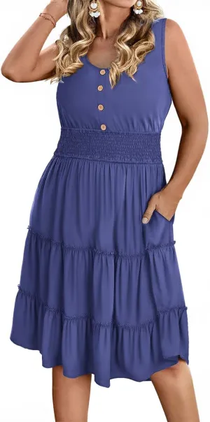 RITERA Plus Size Summer Casual Dresses for Women Sleeveless Button Down Empire Waist Ruffle Tiered Swing Midi Dress XL-5XL