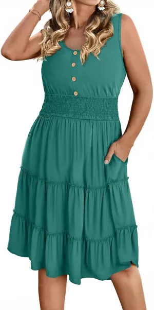 RITERA Plus Size Summer Casual Dresses for Women Sleeveless Button Down Empire Waist Ruffle Tiered Swing Midi Dress XL-5XL