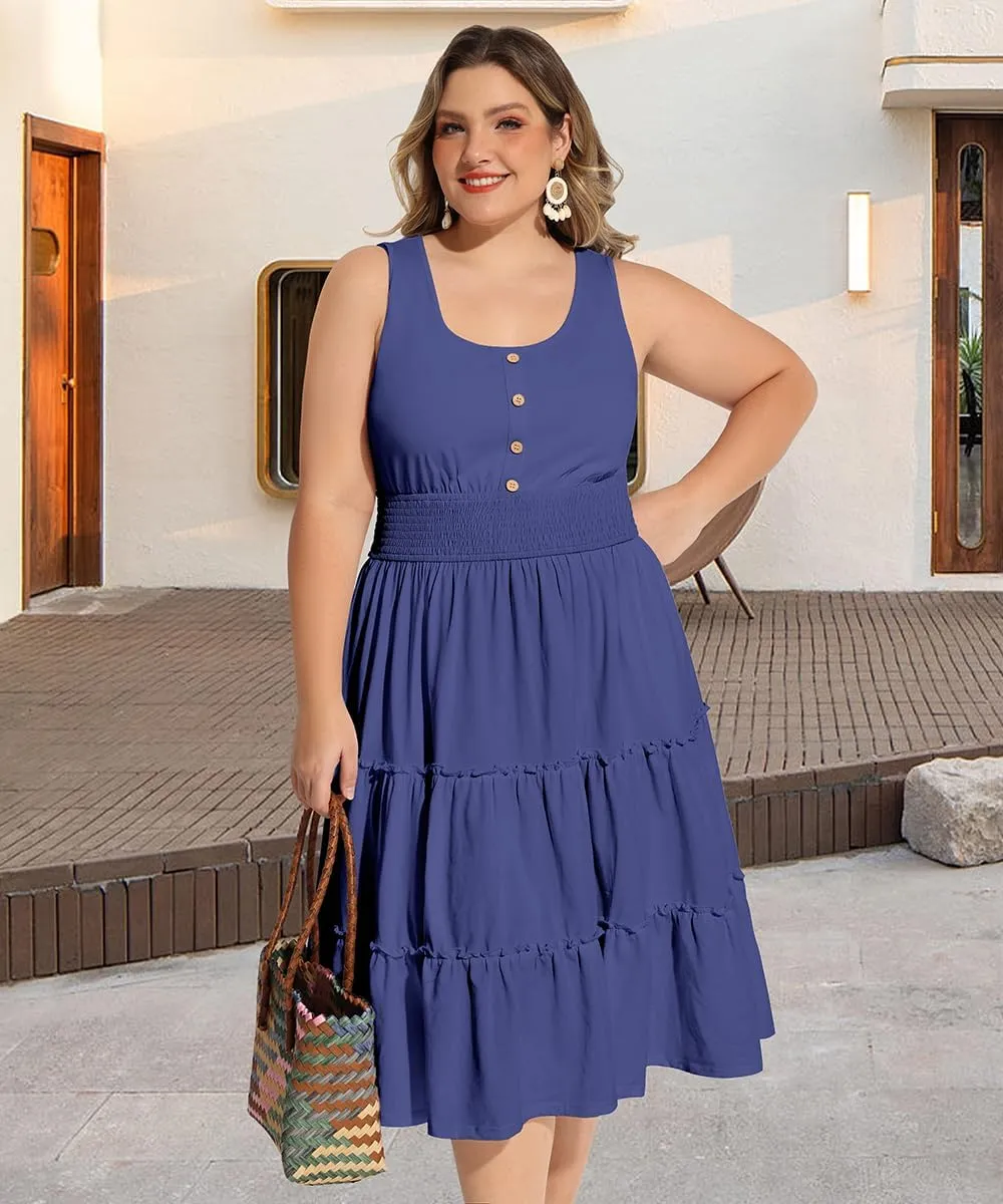 RITERA Plus Size Summer Casual Dresses for Women Sleeveless Button Down Empire Waist Ruffle Tiered Swing Midi Dress XL-5XL