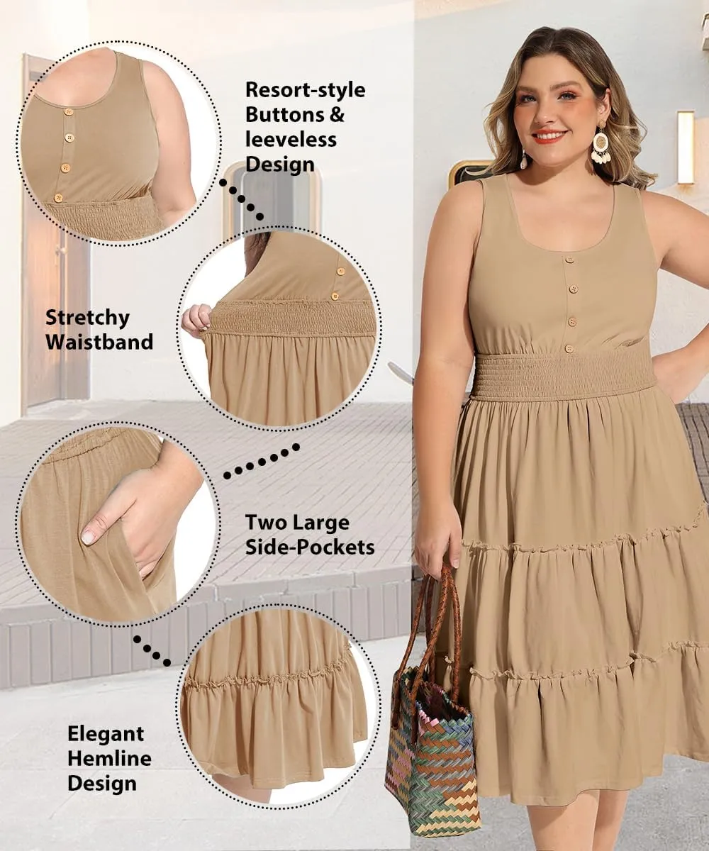 RITERA Plus Size Summer Casual Dresses for Women Sleeveless Button Down Empire Waist Ruffle Tiered Swing Midi Dress XL-5XL