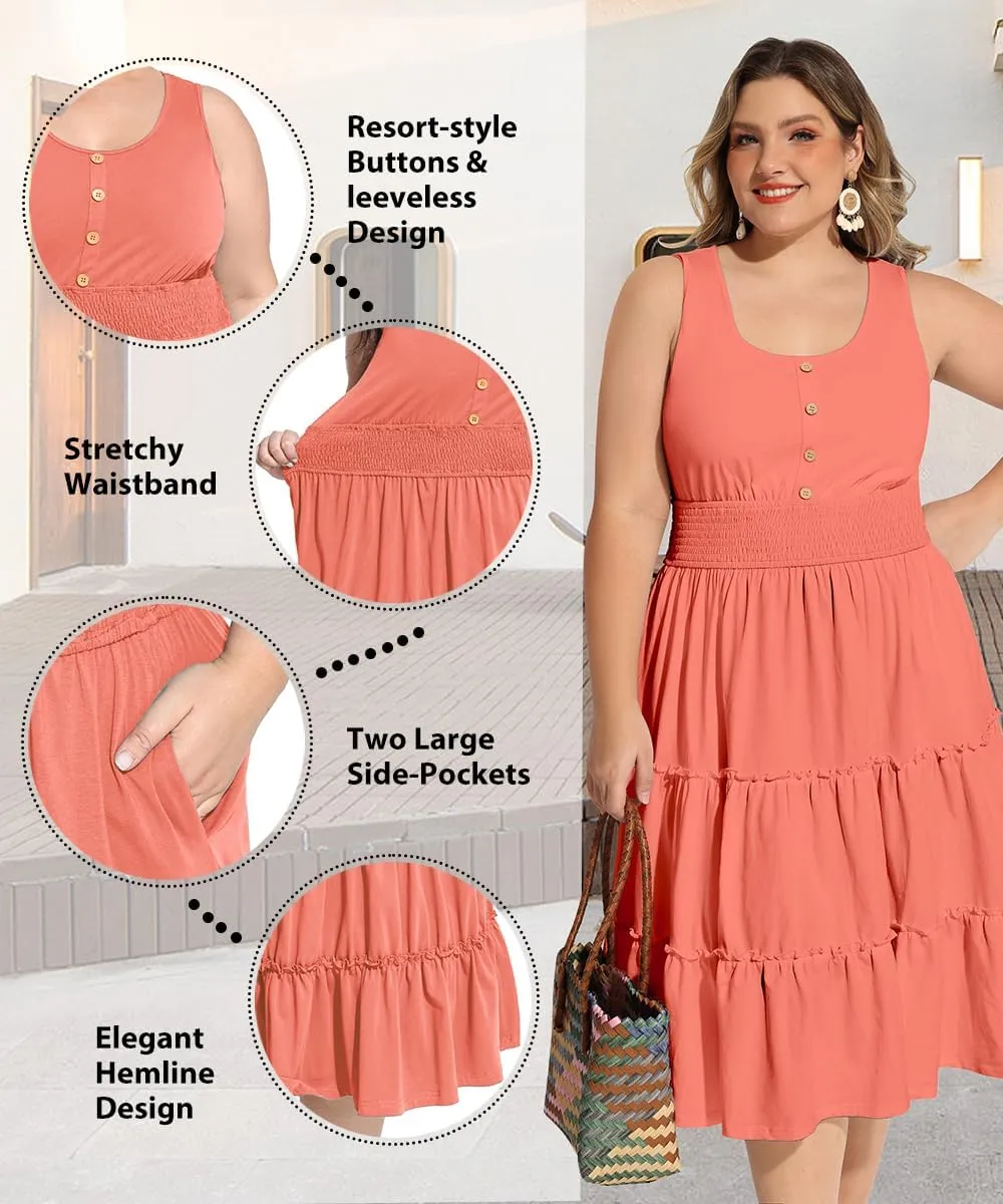 RITERA Plus Size Summer Casual Dresses for Women Sleeveless Button Down Empire Waist Ruffle Tiered Swing Midi Dress XL-5XL