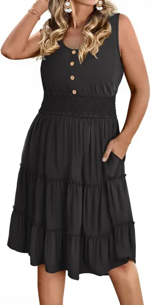 RITERA Plus Size Summer Casual Dresses for Women Sleeveless Button Down Empire Waist Ruffle Tiered Swing Midi Dress XL-5XL