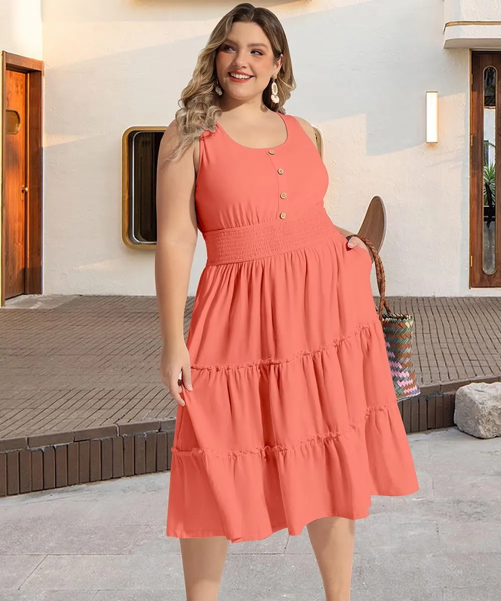 RITERA Plus Size Summer Casual Dresses for Women Sleeveless Button Down Empire Waist Ruffle Tiered Swing Midi Dress XL-5XL