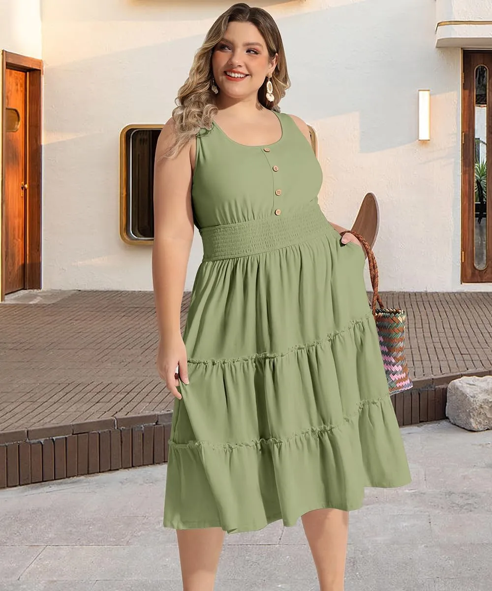 RITERA Plus Size Summer Casual Dresses for Women Sleeveless Button Down Empire Waist Ruffle Tiered Swing Midi Dress XL-5XL