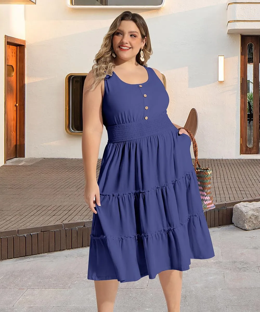 RITERA Plus Size Summer Casual Dresses for Women Sleeveless Button Down Empire Waist Ruffle Tiered Swing Midi Dress XL-5XL