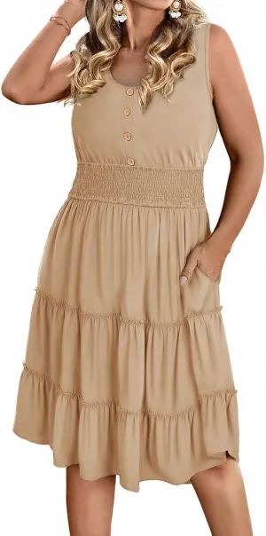 RITERA Plus Size Summer Casual Dresses for Women Sleeveless Button Down Empire Waist Ruffle Tiered Swing Midi Dress XL-5XL