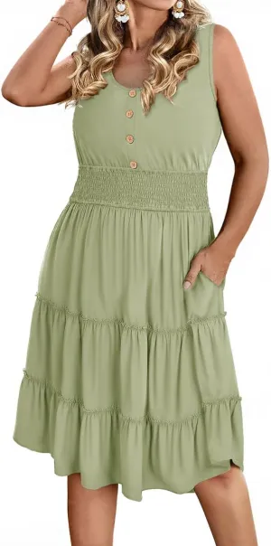 RITERA Plus Size Summer Casual Dresses for Women Sleeveless Button Down Empire Waist Ruffle Tiered Swing Midi Dress XL-5XL