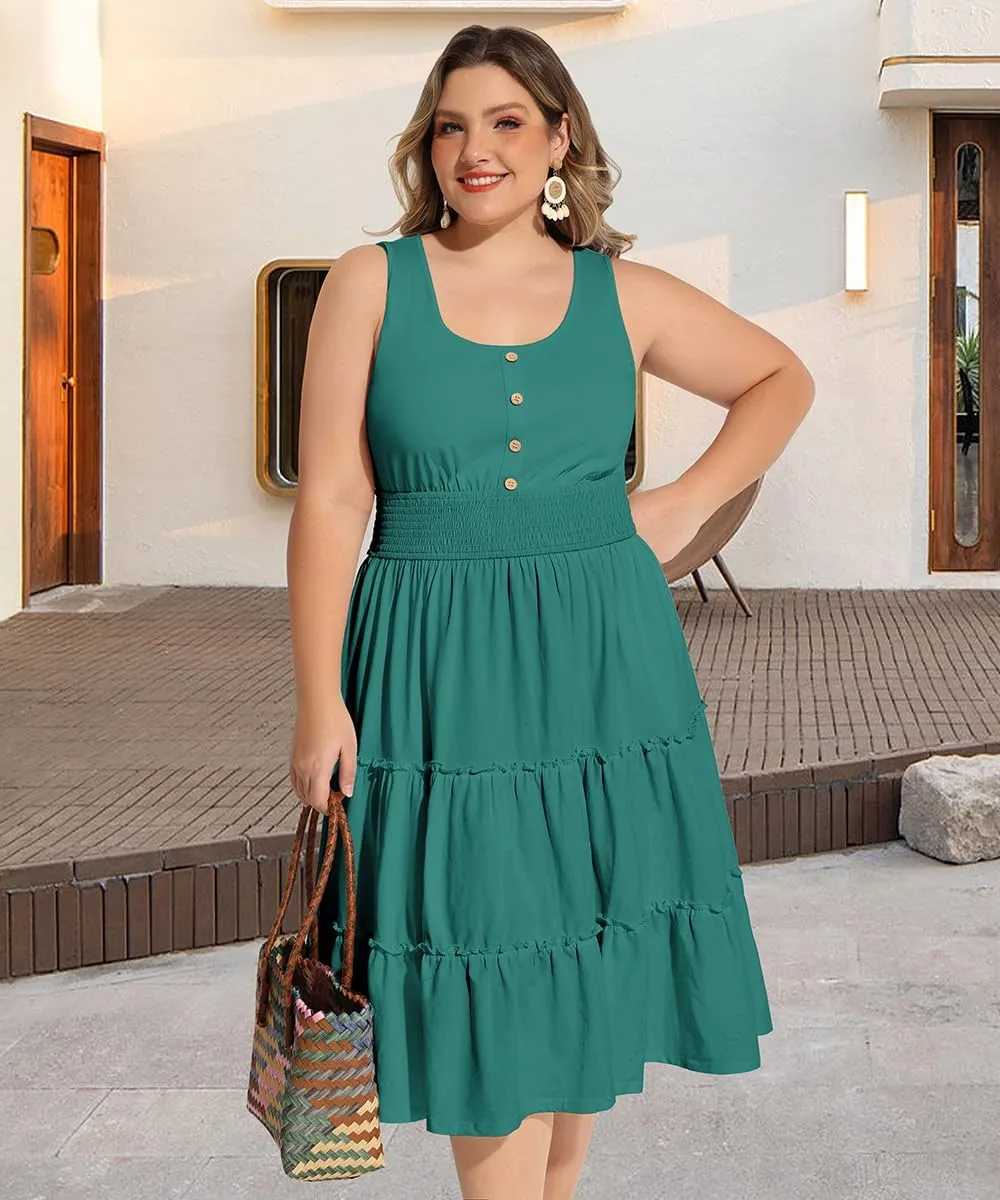 RITERA Plus Size Summer Casual Dresses for Women Sleeveless Button Down Empire Waist Ruffle Tiered Swing Midi Dress XL-5XL