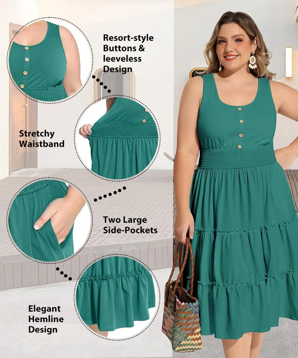 RITERA Plus Size Summer Casual Dresses for Women Sleeveless Button Down Empire Waist Ruffle Tiered Swing Midi Dress XL-5XL