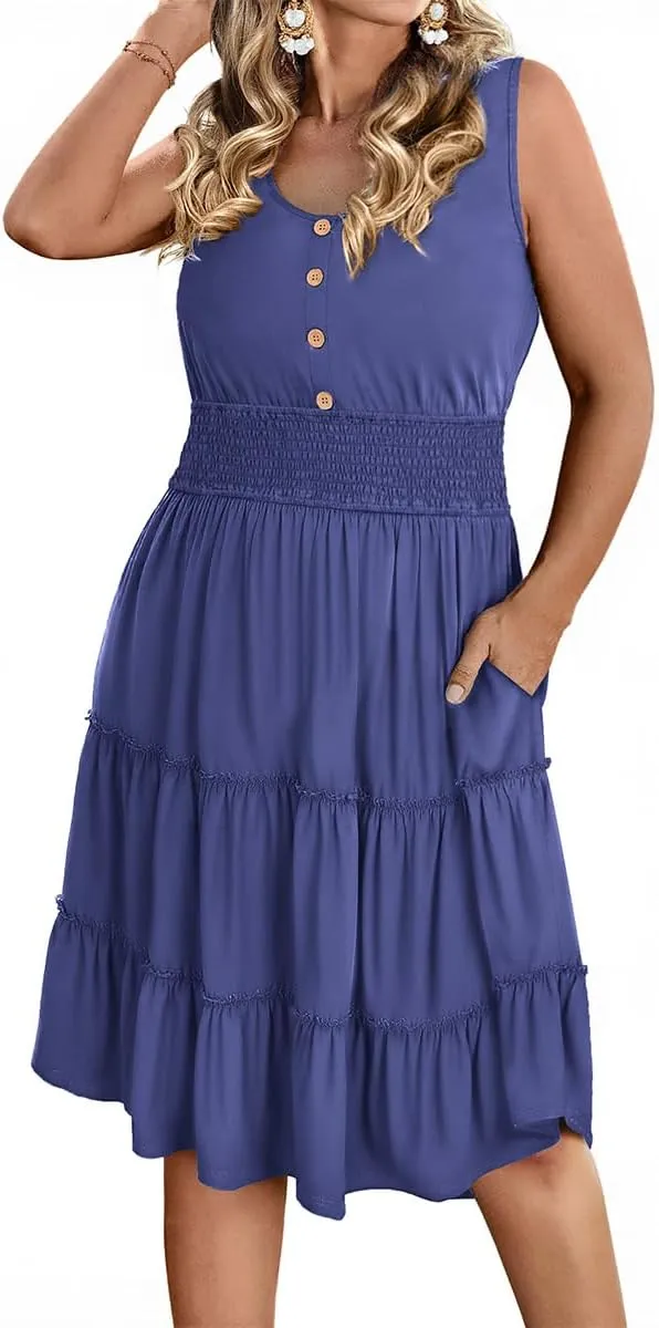 RITERA Plus Size Summer Casual Dresses for Women Sleeveless Button Down Empire Waist Ruffle Tiered Swing Midi Dress XL-5XL