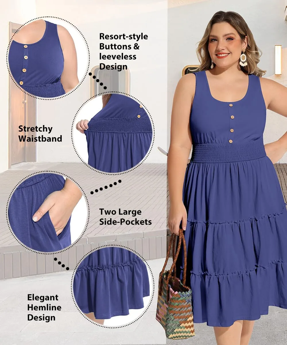 RITERA Plus Size Summer Casual Dresses for Women Sleeveless Button Down Empire Waist Ruffle Tiered Swing Midi Dress XL-5XL