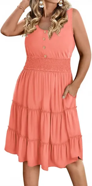 RITERA Plus Size Summer Casual Dresses for Women Sleeveless Button Down Empire Waist Ruffle Tiered Swing Midi Dress XL-5XL