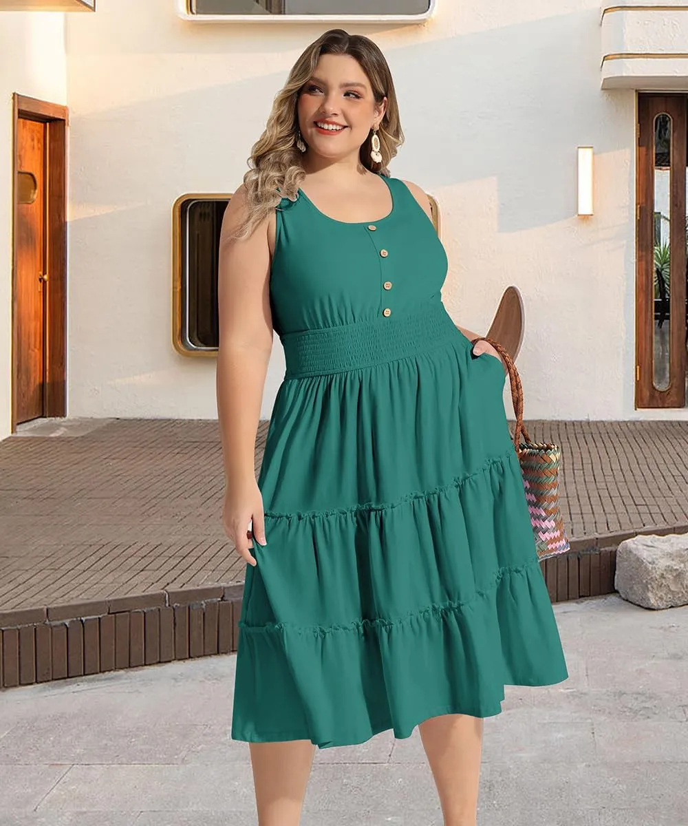 RITERA Plus Size Summer Casual Dresses for Women Sleeveless Button Down Empire Waist Ruffle Tiered Swing Midi Dress XL-5XL