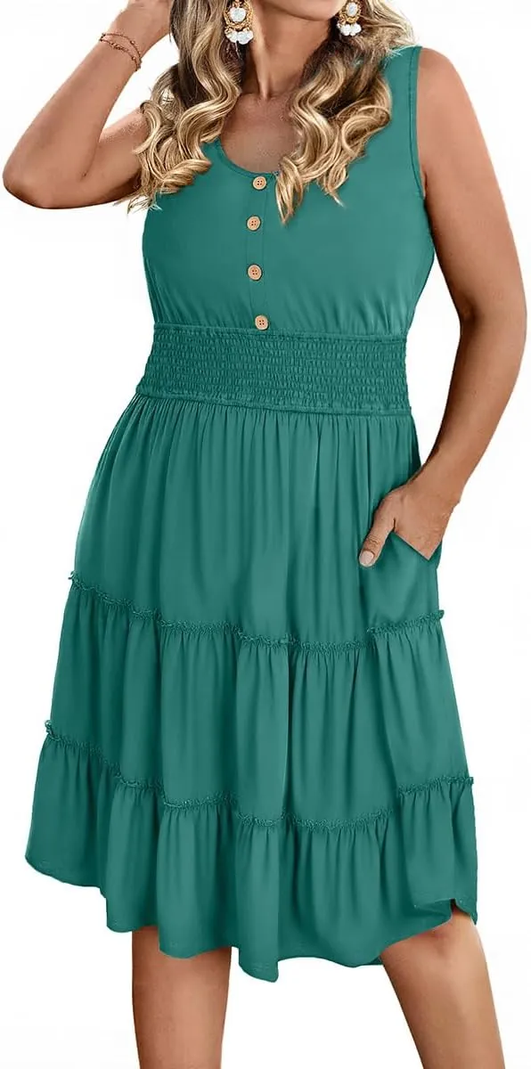 RITERA Plus Size Summer Casual Dresses for Women Sleeveless Button Down Empire Waist Ruffle Tiered Swing Midi Dress XL-5XL