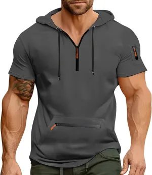 RTTUIOP Short Sleeve Hoodies for Men Quarter Zip T Shirts Workout Gym Athletic Running Solid Color Hoodie Pocket T Shirts